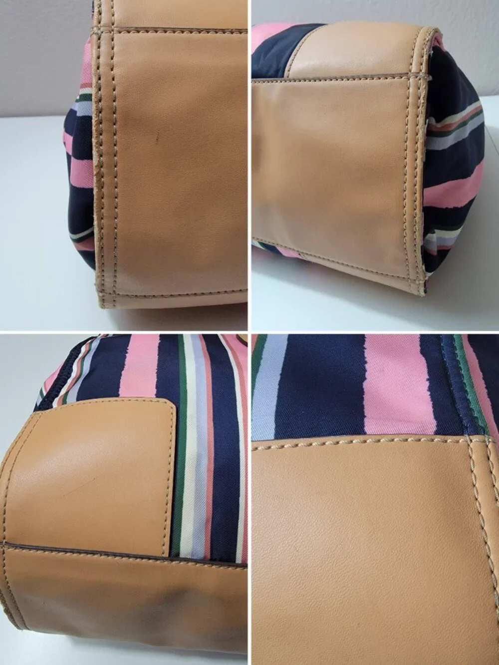 Tory Burch Ella Tote Navy Pink Stripe Nylon Large Shoulder Bag Leather Trim
